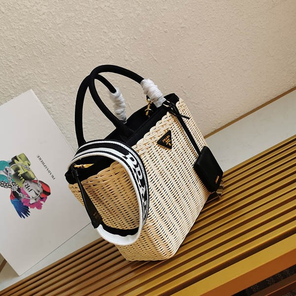 Prada Wicker Canvas Basket Bag Replica pun59952