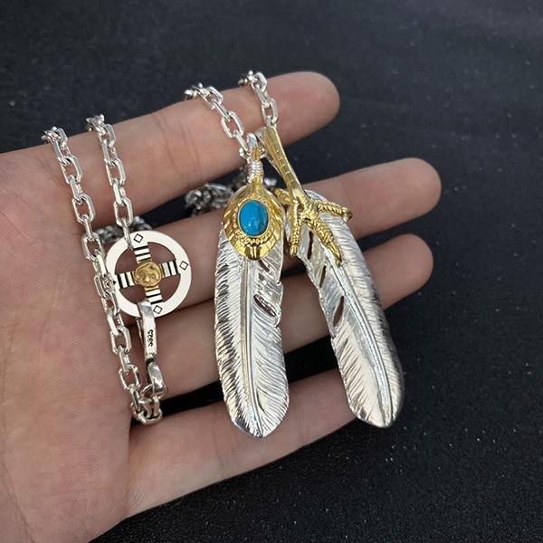 Goro's fake sale 2-row feather necklace, silver 925, gold claw turquoise feather, chain set gof02655
