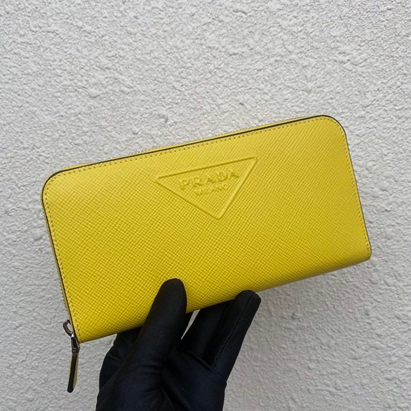 Rare Prada Saffiano embossed leather zip-around long wallet replica yellow puw35402