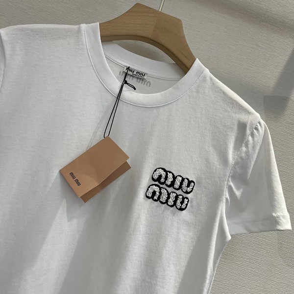 Popular all over the world? Miu Miu logo crystal glitter T-shirt short sleeve fake myi35470