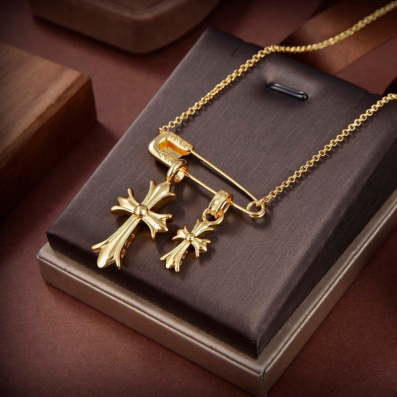 Classic [Chrome Hearts Necklace Replica] CH Cross 22K Safety Pin Gold Kud28835 Necklace