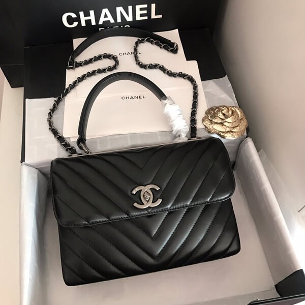20SS! CHANEL "Cool!" Coco Handle Chevron Replica Black A92990