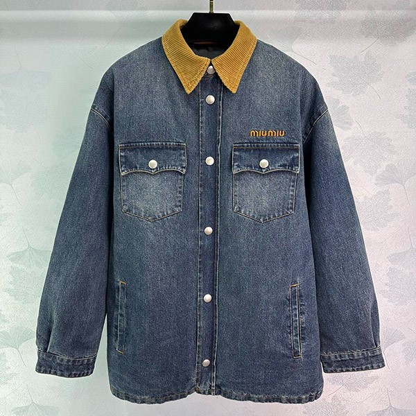 25SS Miu Miu Replica Logo Embroidered Corduroy Collar Denim Jacket GWB2341 25SS Miu Miu Replica Logo Embroidered Corduroy Collar Denim Jacket GWB2341