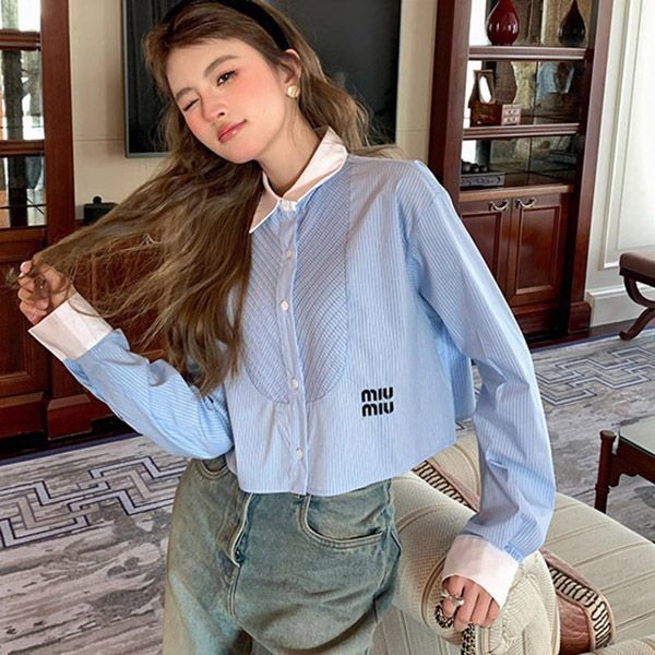 Miu Miu Logo Stripe Chambray Shirt - Sold Out - Replica myd23368 Miu Miu Logo Stripe Chambray Shirt - Sold Out - Replica myd23368