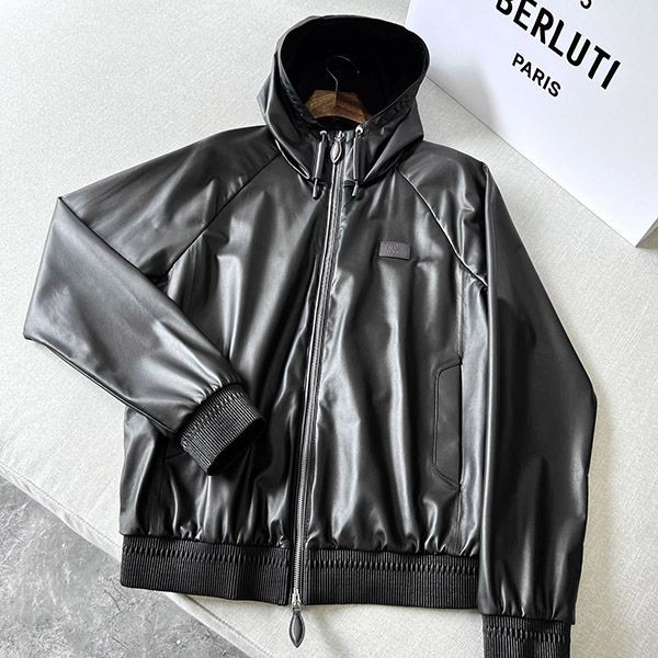 Berluti Leather Jacket Long Sleeve Logo Hoodie beu07023