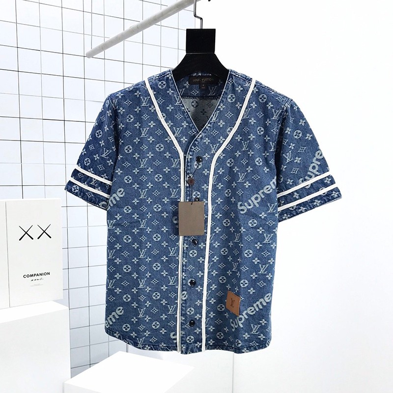 Eye-catching color Louis Vuitton Supreme fake jacquard denim baseball uniform Shy03746 Eye-catching color Louis Vuitton Supreme fake jacquard denim baseball uniform Shy03746