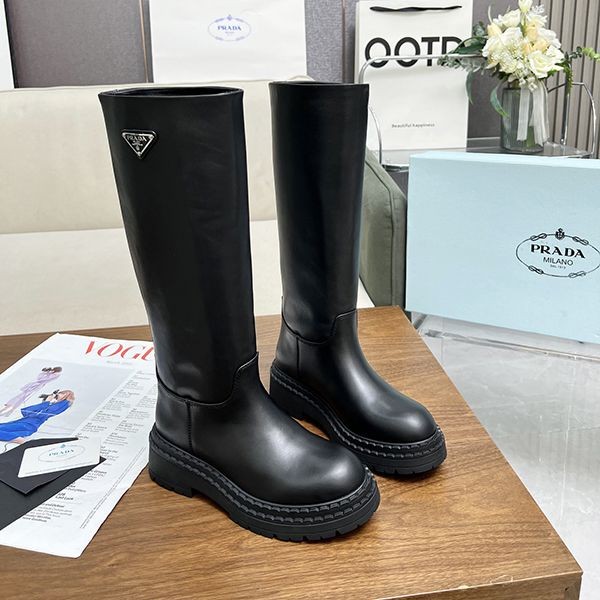 [Up your fashion sense] Prada Leather Long Boots Fake Black Metal Logo pup65698