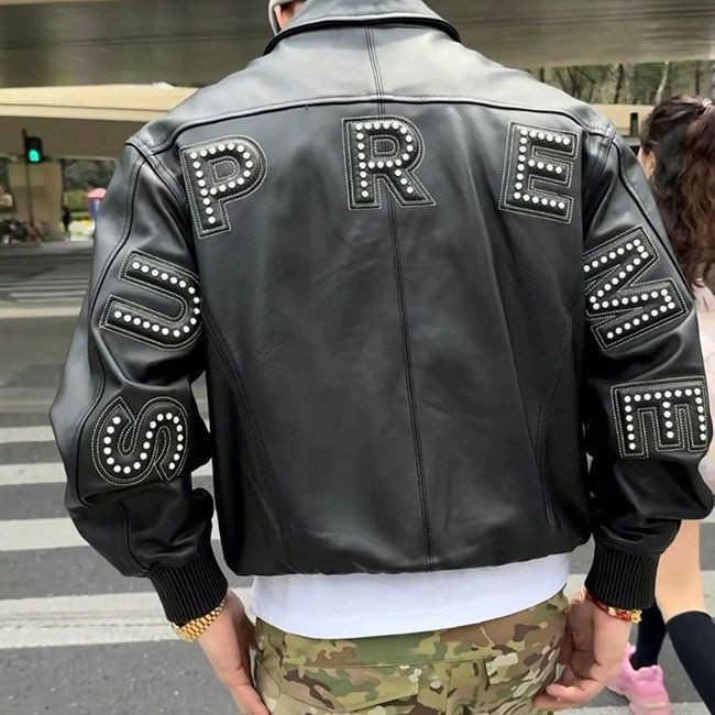 Popularity rising! Supreme Studded Arch Logo Replica Leather Jacket Red Shm39419