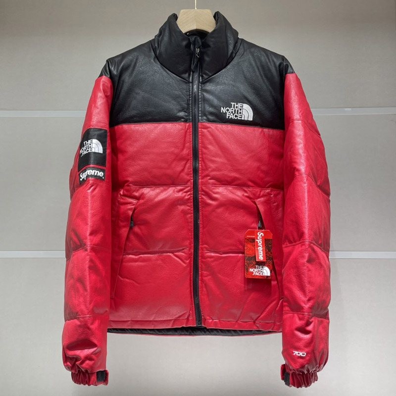 Leather Nuptse Replica Supreme North Face Leather Down Jacket/Red x Black ND91702I