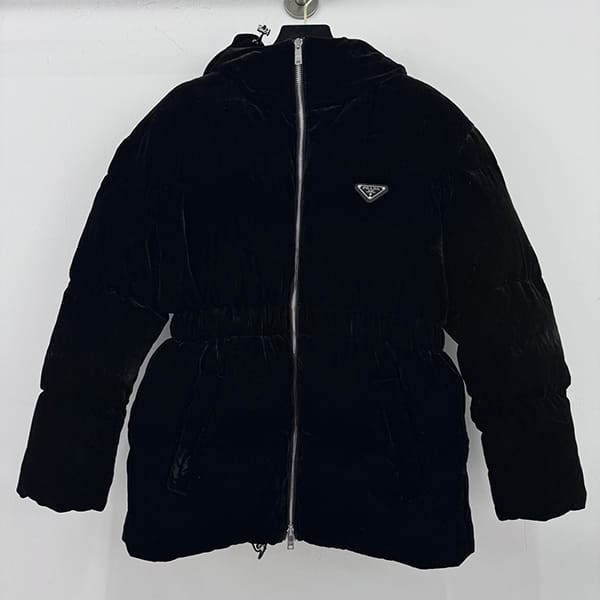 Classic Prada faux velvet hooded down jacket with logo pua00168