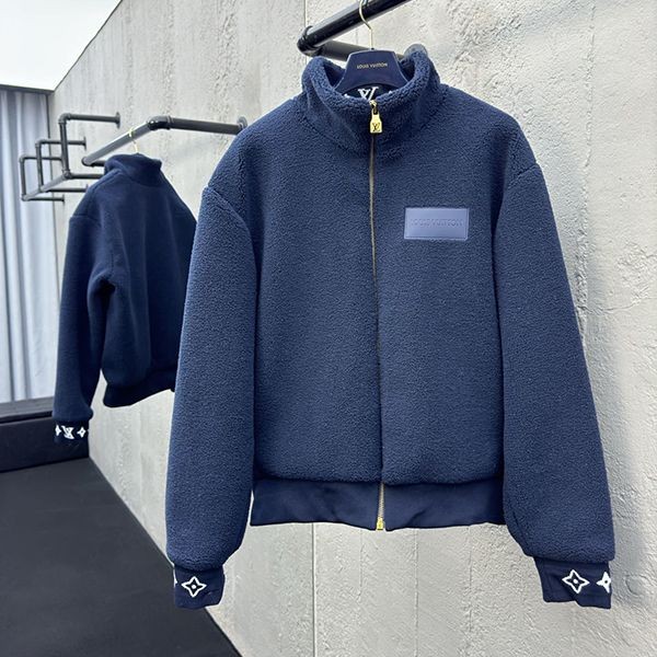 [Navy] Louis Vuitton Leather Patch Fleece Blouson Replica 1AGLXN