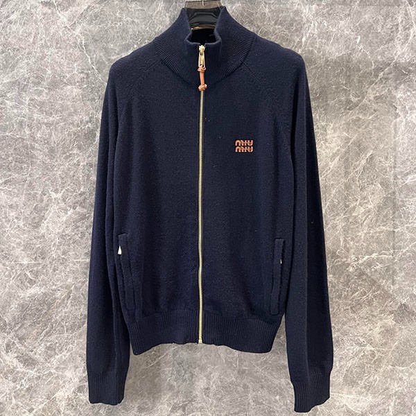 24FW Miu Miu Replica Stand Collar Zipper Leather Logo Lettered Knit Cardigan Jacket mya10783 24FW Miu Miu Replica Stand Collar Zipper Leather Logo Lettered Knit Cardigan Jacket mya10783