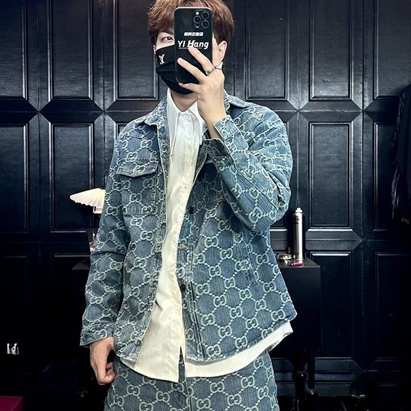 Stylish Gucci GG Jacquard Denim Shirt Replica Blue White gue62144 Stylish Gucci GG Jacquard Denim Shirt Replica Blue White gue62144