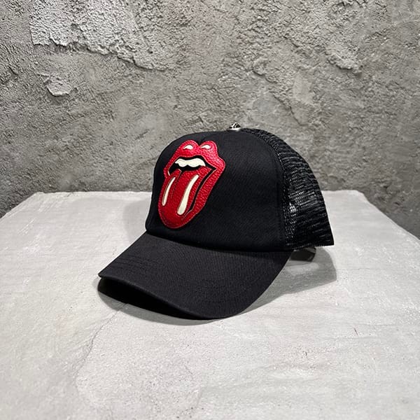 Chrome Hearts Mesh Cap Replica Rolling Stones Leather Patch Trucker Hat Black Kug96302