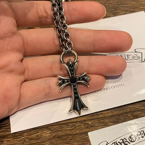 ★Japan!! Popular! Chrome Hearts CH Cross Pendant Necklace Replica Black Diamond Kux55735