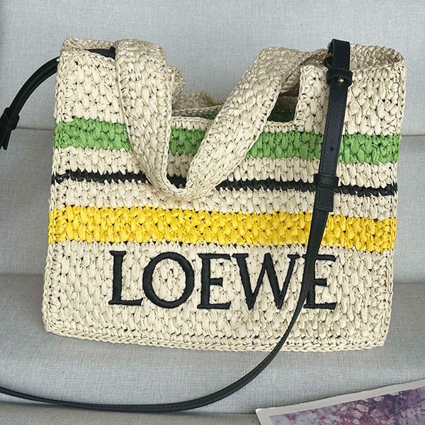Loewe logo stripe raffia tote bag replica low59938