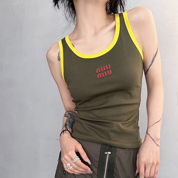 Not available in Japan◇Miu Miu cheap logo embroidered ribbed jersey top myn76709