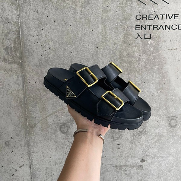 Rare Prada Replica Leather Dual Buckle Slide Sandals 1XX692