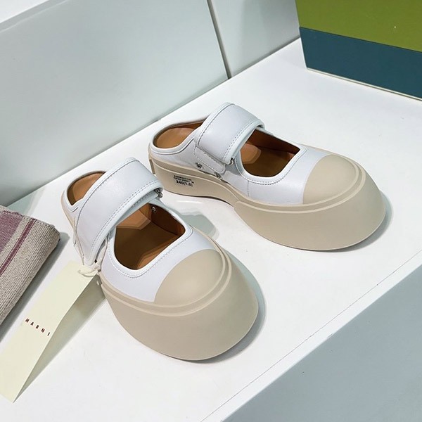 Marni Replica White Leather Marie Jane Flat Shoes mad81405