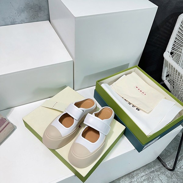 Marni Replica White Leather Marie Jane Flat Shoes mad81405