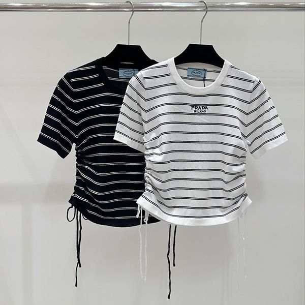 Must-have! Prada Ribbed Knit Short Sleeve T-Shirt Black & White Replica pux66985 Must-have! Prada Ribbed Knit Short Sleeve T-Shirt Black & White Replica pux66985