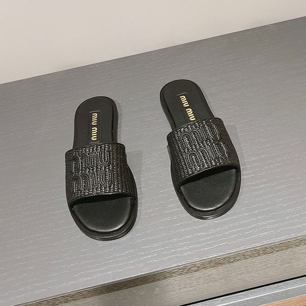 Fashionable? Miu Miu cheap raffia-style woven slide sandals 5XX64400