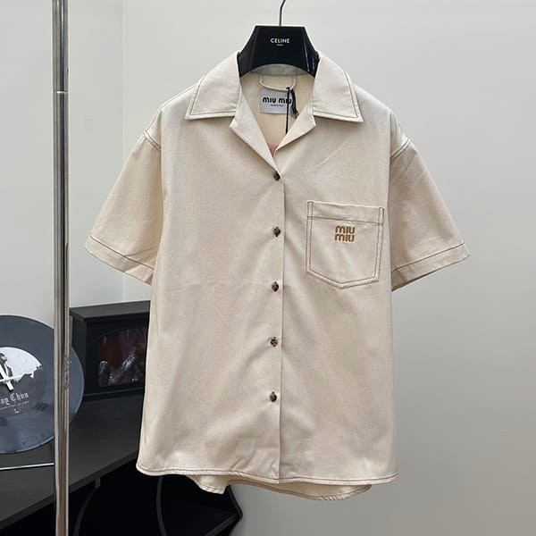 Best Price Challenge Miu Miu Fake Boxy Fit Logo Embroidered Short Sleeve Denim Shirt myp45751 Best Price Challenge Miu Miu Fake Boxy Fit Logo Embroidered Short Sleeve Denim Shirt myp45751