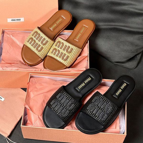 Rare [Miu Miu] Raffia effect slide sandals replica myu22049