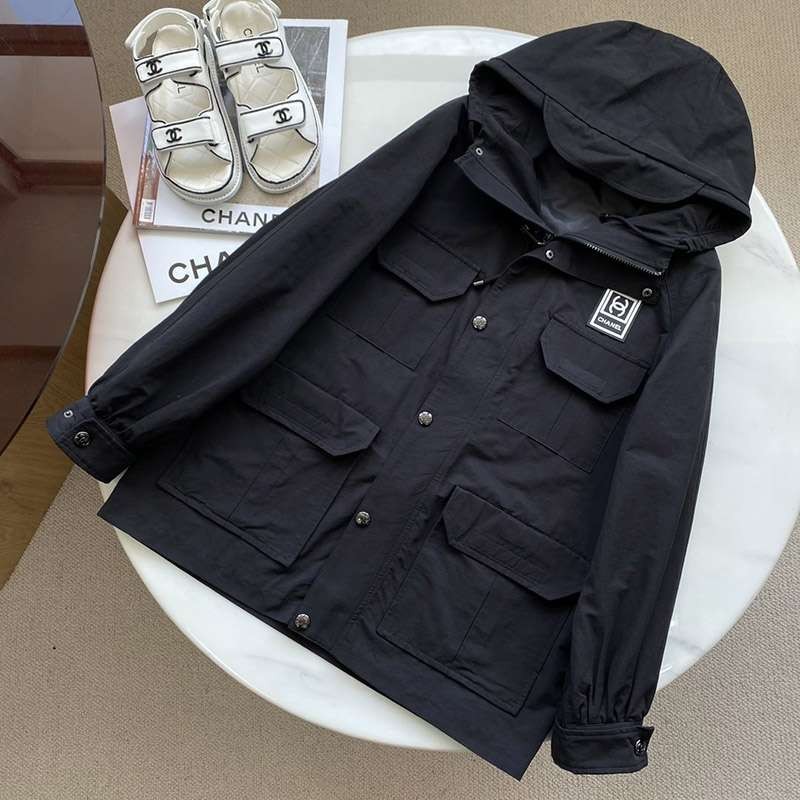 Very popular!! New color Chanel copy hooded jacket black shm34192