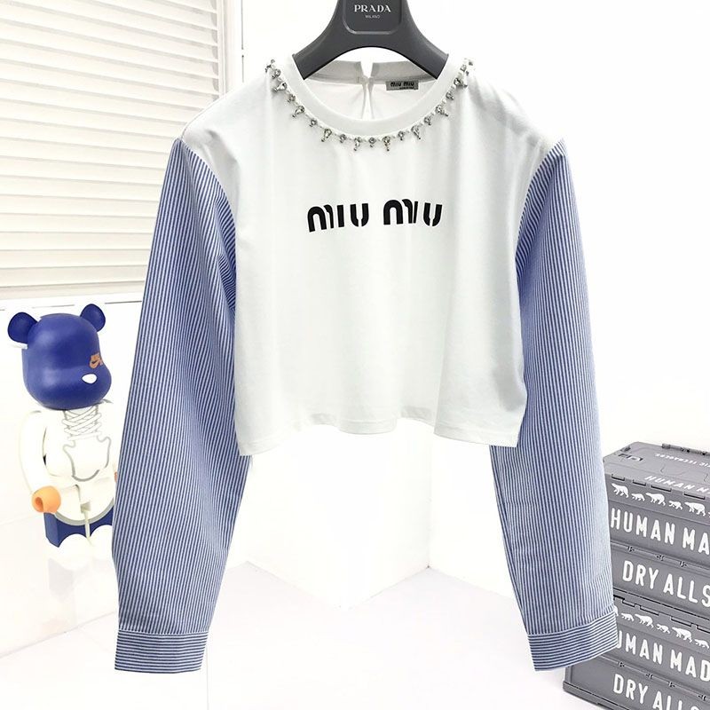 Free shipping Miu Miu replica ★ Crystal cropped cotton T-shirt MJL8161V6FF0009