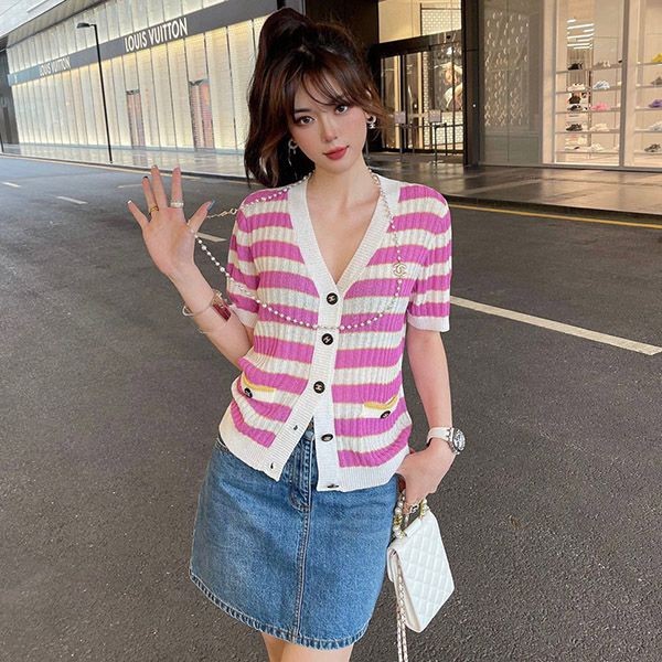 Very popular!! New color Chanel striped logo knit cardigan replica 2 colors sho27863