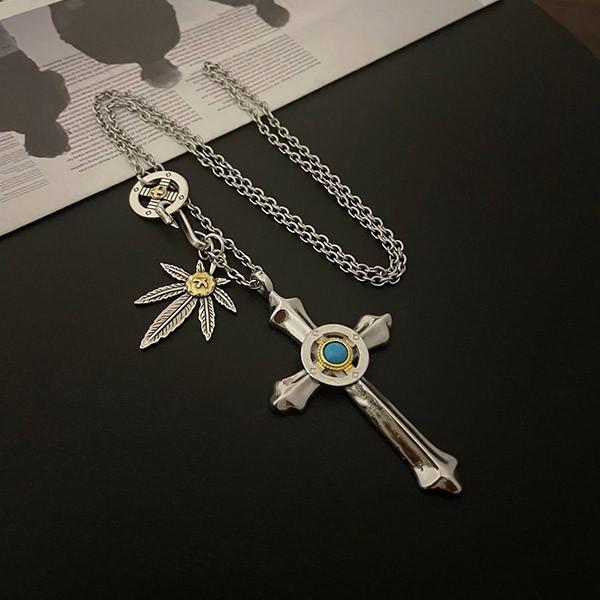 Goro's Turquoise Imitation Turquoise Wheel Cross Metal Back Necklace Top Men's gob95359