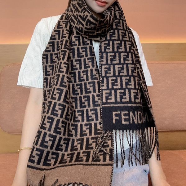 Fendi Brown Wool Scarf with Fake FF Motif Fringe fer45324