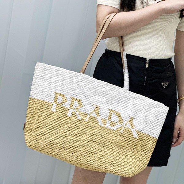 Prada raffia x leather tote bag replica pui11506