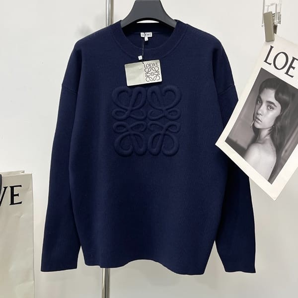 Cheap Loewe Replica Wool Anagram Sweater Knit Navy Blue with Tracking Low41144