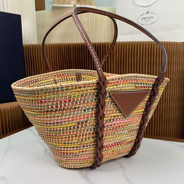 Free shipping Prada replica straw x leather tote bag basket puc10341
