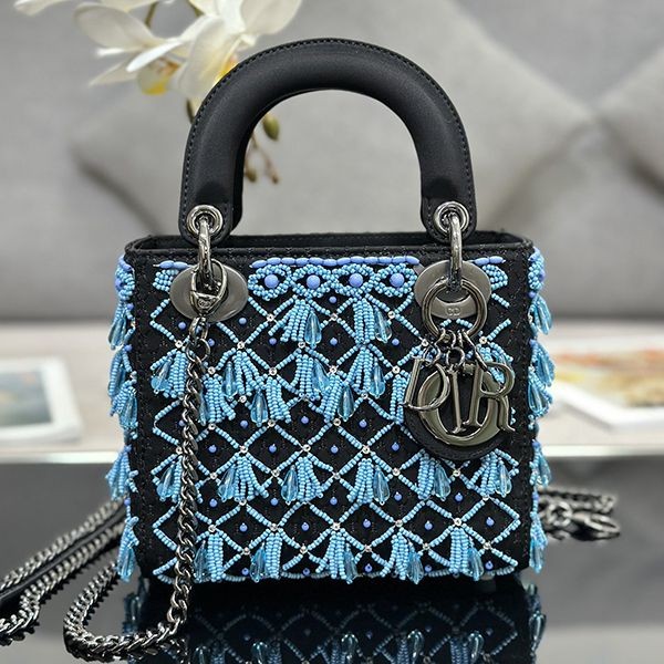 Dior Embroidered Blue Beads Lady Dior Copy Bag M05050