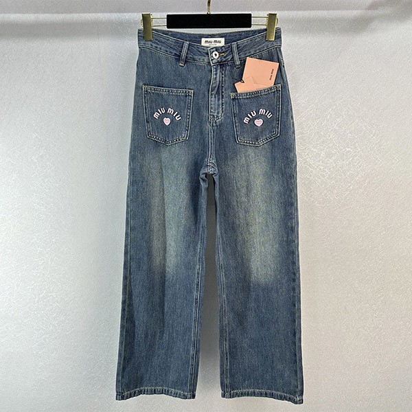 Popular Miu Miu replica logo embroidered denim jeans myl45291