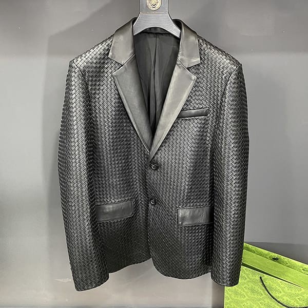 Rare Bottega Veneta Double Breasted Textured Leather Fake Blazer bop90502