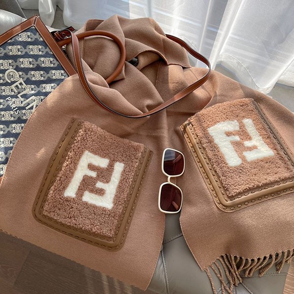 Fendi Brown Wool Cashmere FF Pocket Scarf Replica Stitched Leather Fringe FXT339AHRYF0QU5