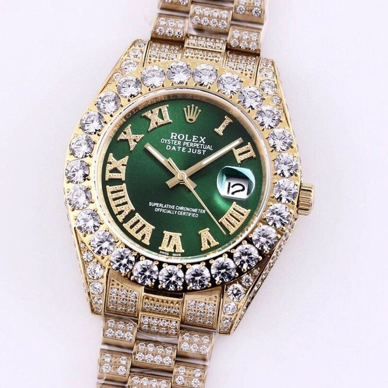 Tracked delivery Rolex watch replica Datejust 41mm green full diamond men's rom20696