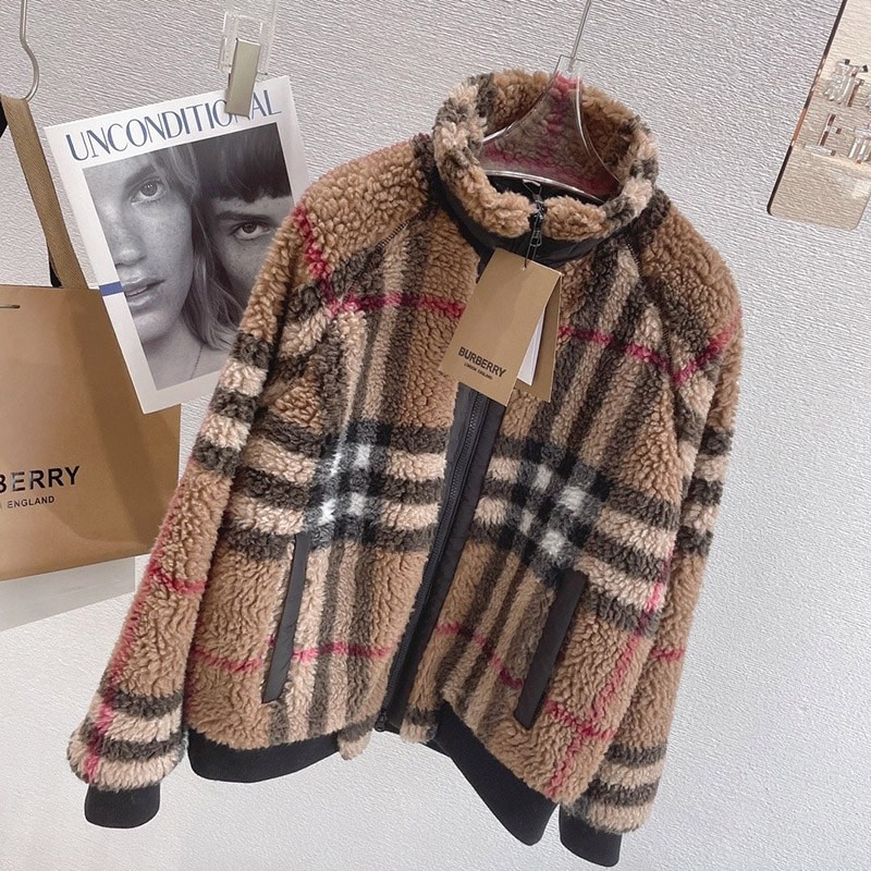Very popular Burberry Brown Check Pattern Cashmere Wool Fleece Jacket Replica Bak84791