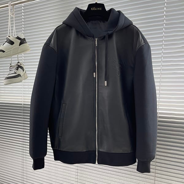 Prada Fleece Leather Hoodie Jacket Replica PUG55713 Available Now