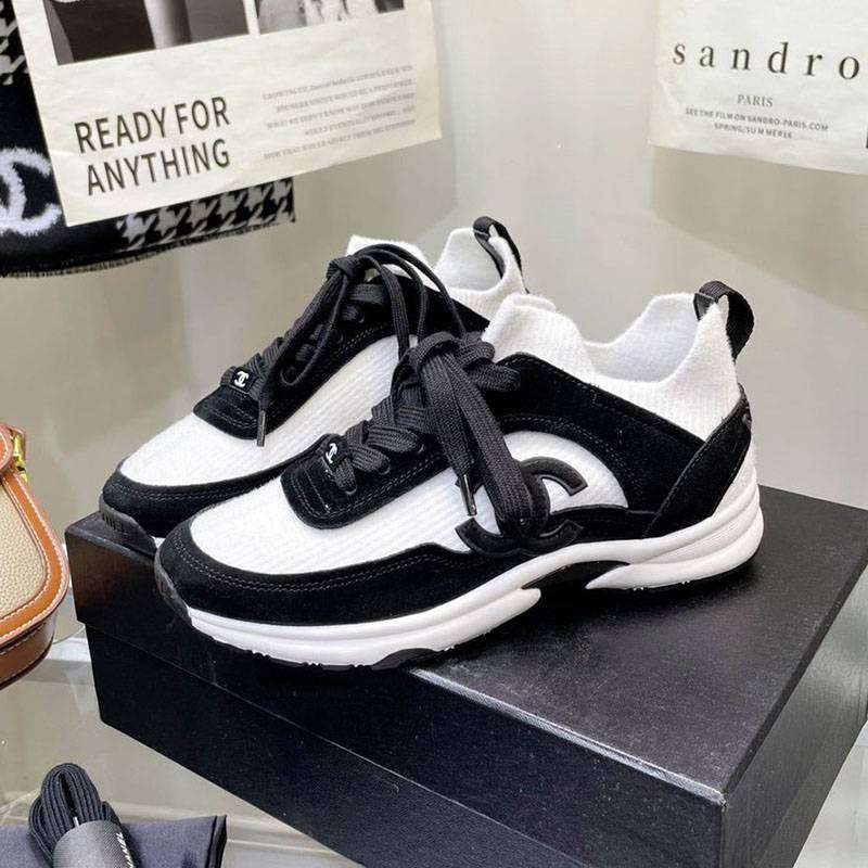 Sold out Chanel CC logo sneakers replica black & white shf86223