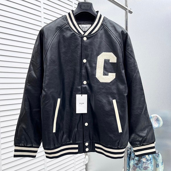 celine teddy logo applique leather bomber jacket replica vup19938
