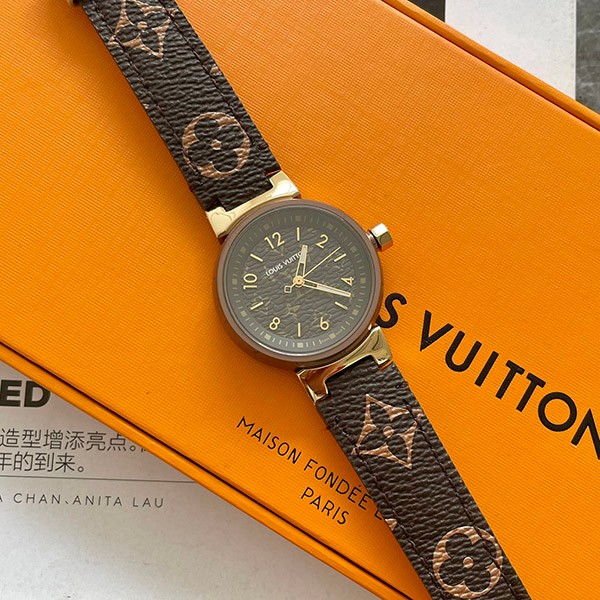 No.1 Popular Louis Vuitton Tambour MM Replica Monogram Brown & Gold QBB166