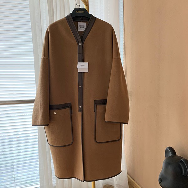 [Not available in Japan] Hermes magazine featured coat, cashmere, no collar, fake, brown erx03258