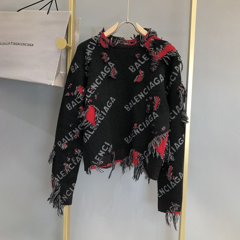 Balenciaga Destroyed Small Crew Neck Replica Wool Knitwear Grey, Black & Red 662528T16035963