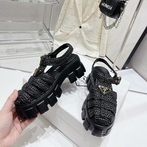 Hard to find Prada Monolith Raffia Sandals with Triangle Logo Replica PUK81682