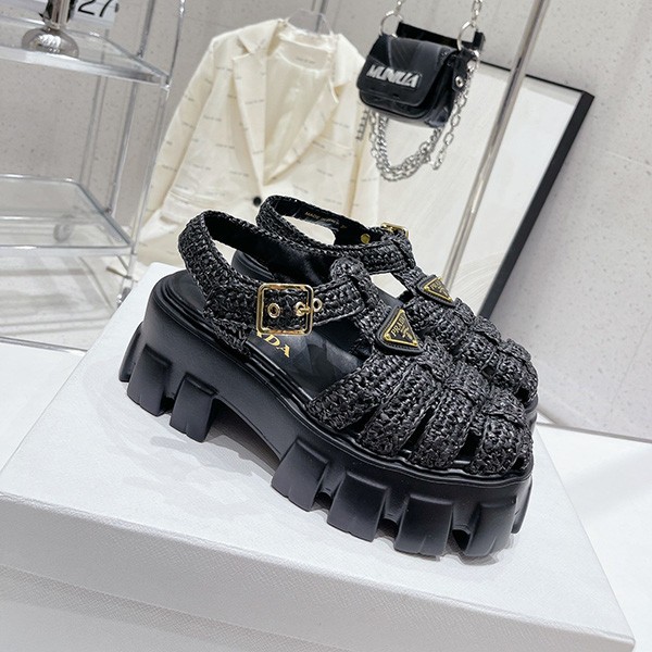 Hard to find Prada Monolith Raffia Sandals with Triangle Logo Replica PUK81682